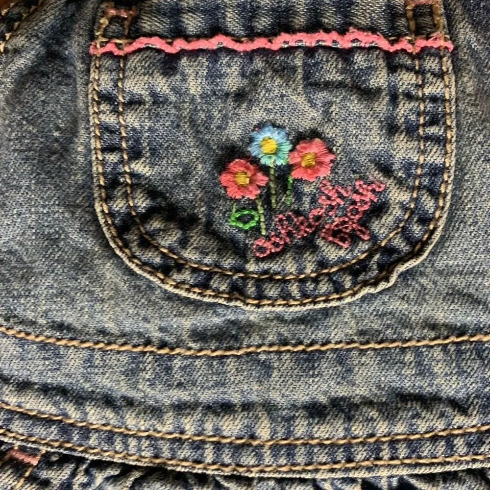 Osh Kosh Denim Jean Overall Dress Girls 12 Months Blue Floral Embroidery Summer